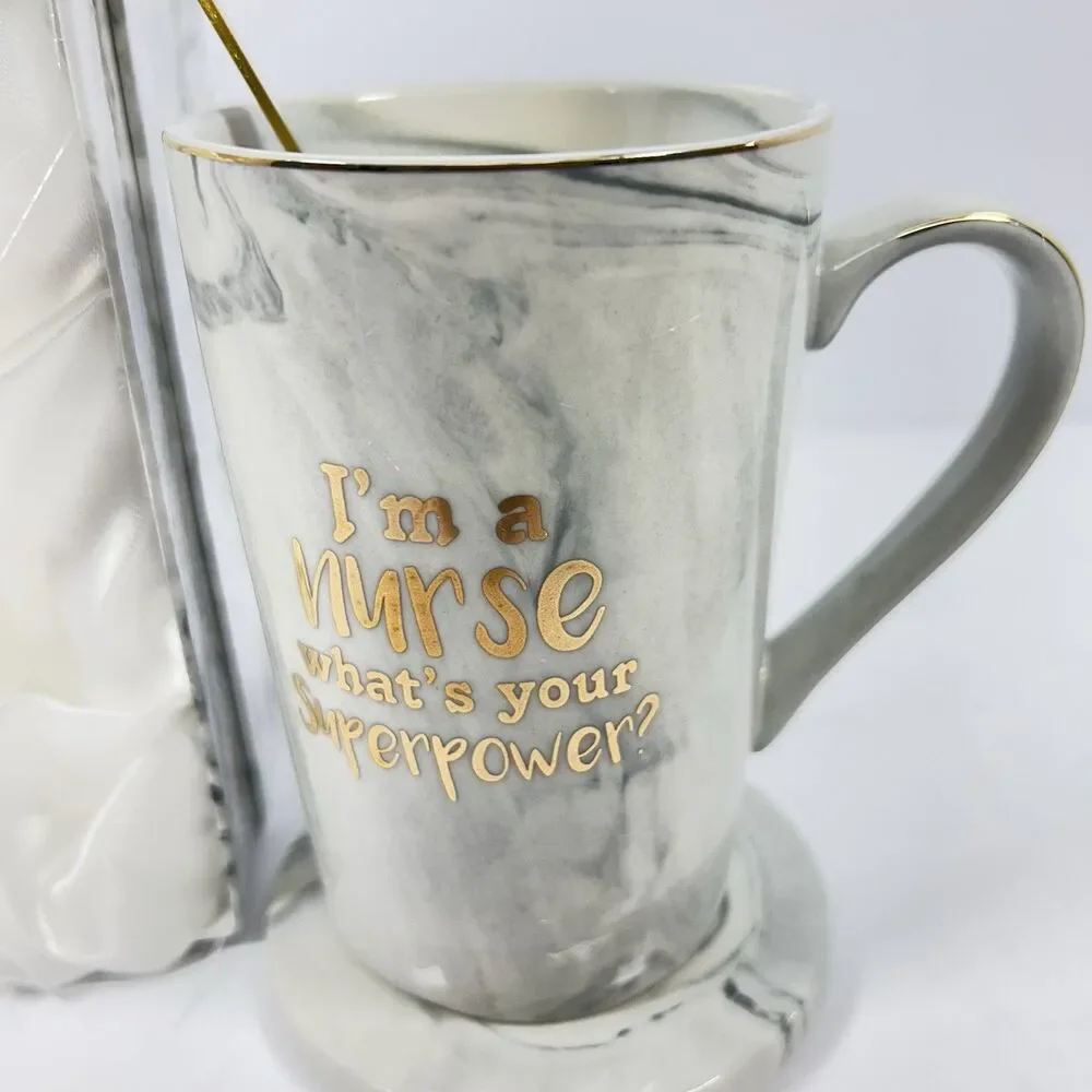 New Nurse Superpower Marble Coffee Mug Gift Set with Lid Spoon Coaster Box